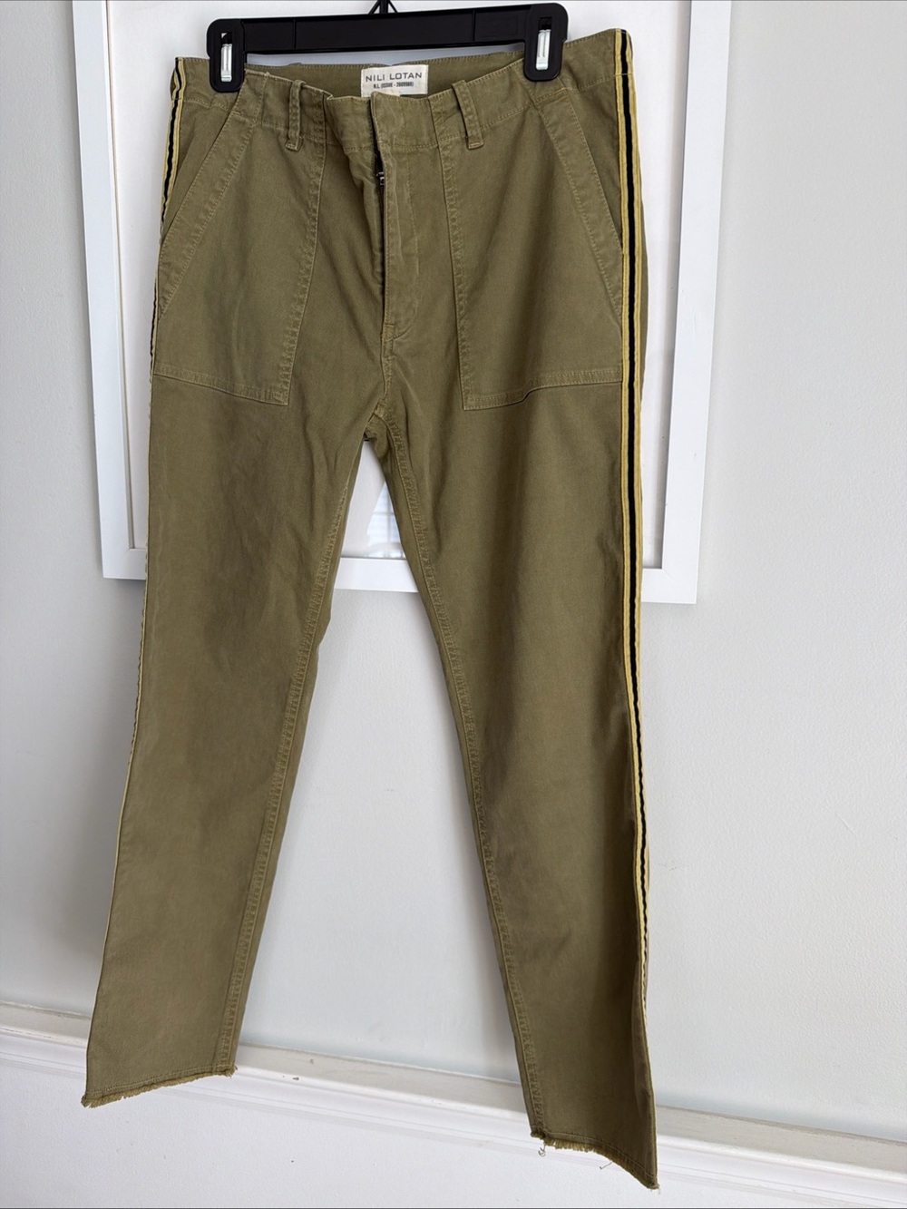Nili Lotan Olive Green Casual Tapered Pants with Side Stripe